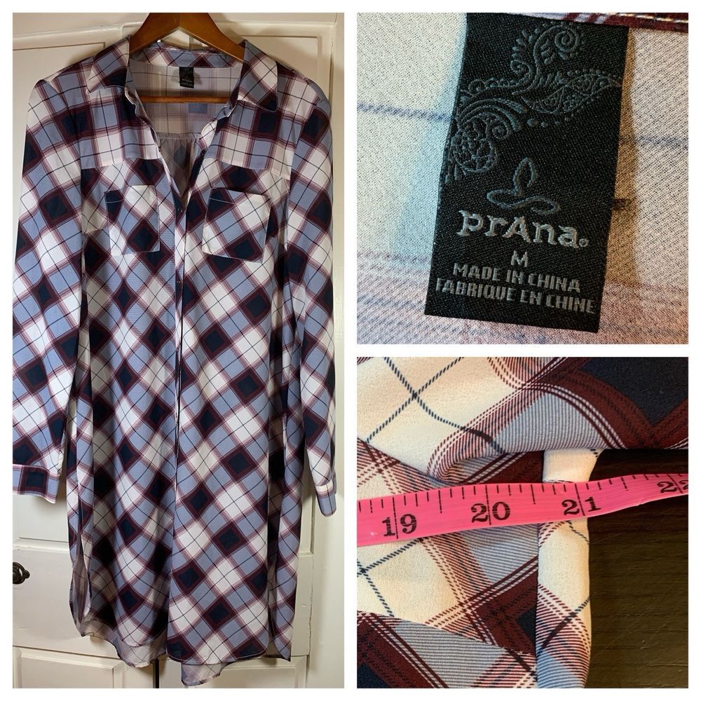 PrAna Oversized Plaid Flint Snap Front Collard Maxi Shirt Dress Outdoorsy Preppy